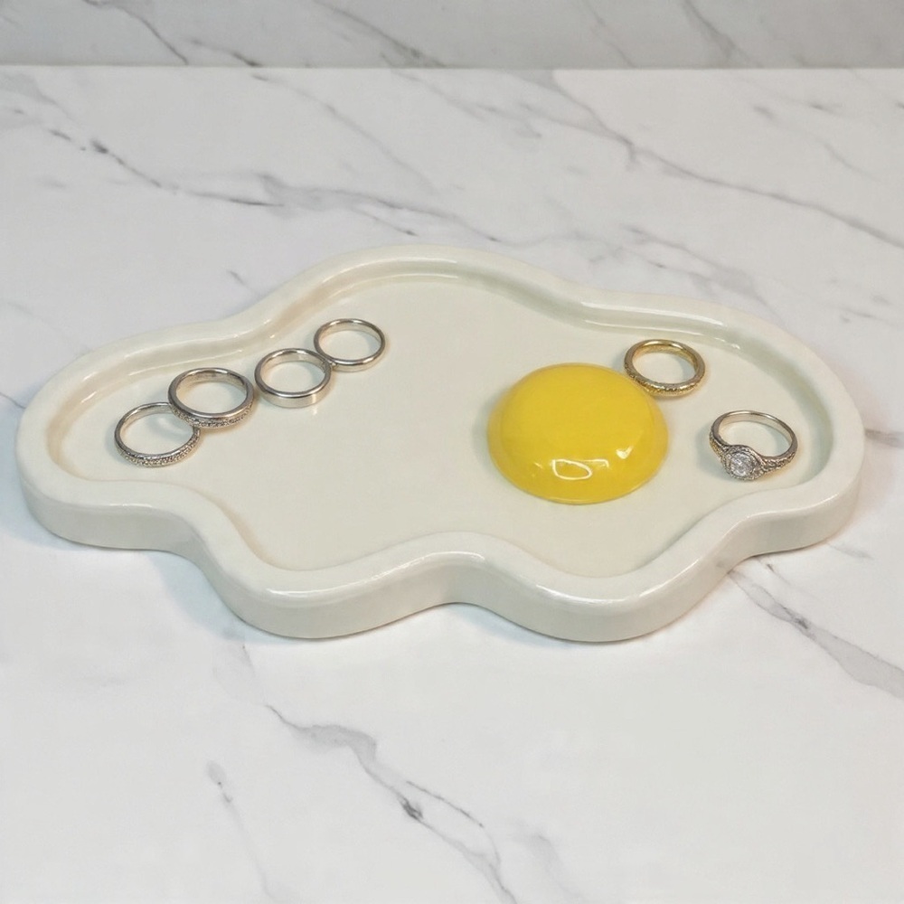 Sunny Side Up Egg Trinket Dish - Handmade - White & Yellow